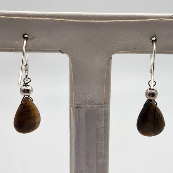 Marsala Sterling Silver Tiger's Eye Teardrop Dangling Earrings - Picture 4 of 5